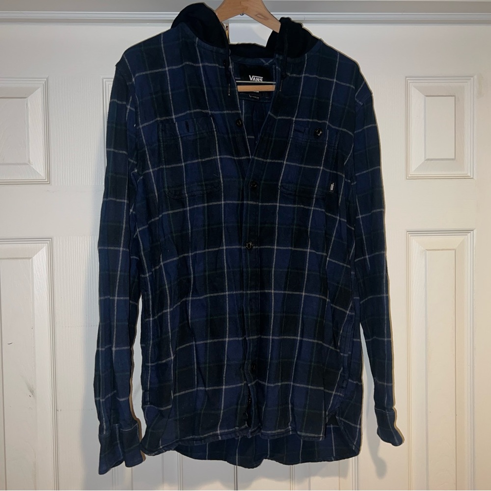 Vans Long Sleeve Flannel w/ Hoodie Blue/Green/Black Medium